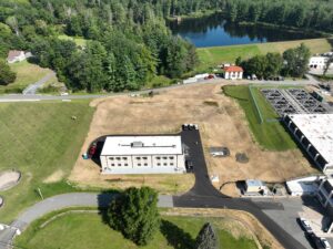 Aerial photo of building known as the Backwash Facility at the West Parish Filters Water Treatment Plant